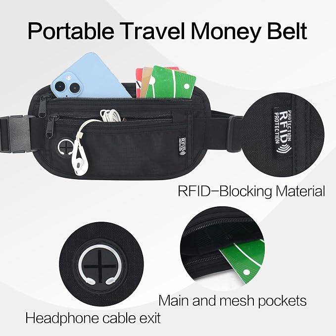 Slim Money Belt for Travel - Anti-Theft Hidden Passport Holder Waist Wallet with Secure Pouch for Cash, Credit Cards & Phone Safe (Small Black) - Image 3