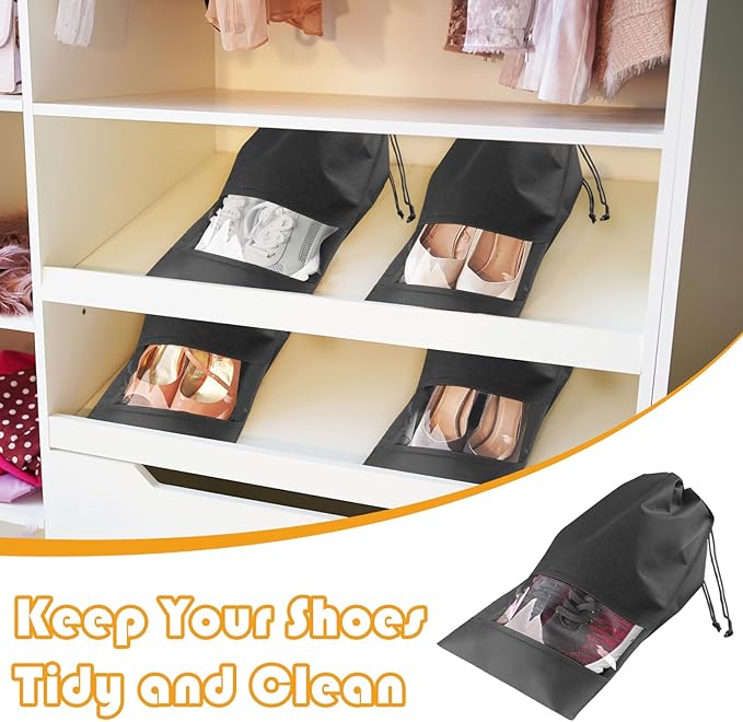 Black Travel Shoe Bags - 5 Pcs Non-Woven Packing Bags with Clear Window | 15.7" x 11.8" Waterproof Dustproof Portable Travel Shoe Storage Bag for Men and Women - Image 4