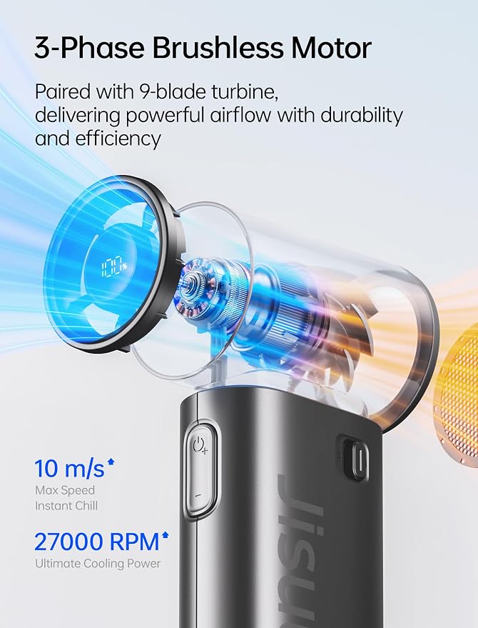 JISULIFE Handheld Fan Life9S - Sleek Chrome: Turbo Power, 22 Hours Cooling | LED Display, 5000mAh, 5-Speeds, Mini Portable Fan for Travel, Cruise, Concerts, Trendy Gifts for Women Men -Black - Image 6