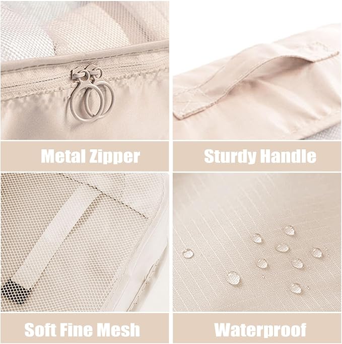 8 Set Packing Cubes for Suitcases, INVODA Travel Luggage Packing Organizers with Laundry Bag, Compression Storage Shoe Bag, Clothing Underwear Bag (Beige) - Image 5