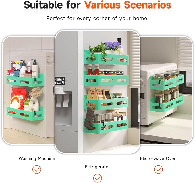 4-Pack Magnetic Spice Rack for Refrigerator with Hooks, Green | Strong multipurpose magnetic shelf for kitchen & bathroom organization. Includes 4 removable hooks for hanging items. - Image 6