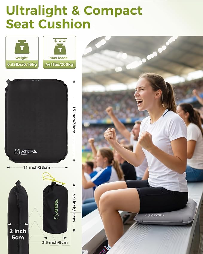 ATEPA Inflatable Seat Cushion | 2" & 2.5" Foam Core Seat Pad, Self Inflating, Compact, Stadium, Airplane, Travel, Camping, Hiking, Sports events - Image 2