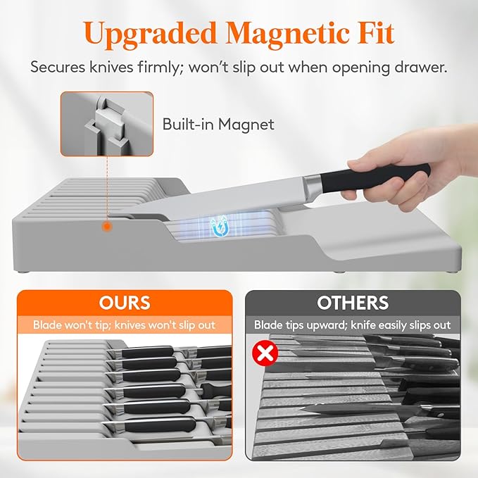 Lifewit Magnetic Drawer Knife Organizers Insert Pastic for 12 Knives, Gray | Kitchen Plastic In Drawer Knife Block Slots, Steak Chefs Knives Holder Storage for 12 Knives and 1 Sharpening Steel 16.5" - Image 5