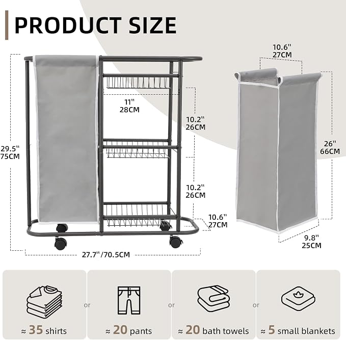 Rolling Laundry Sorter with 3 Storage Baskets and 45 L Bag | 3-Tier Laundry Caddy, Between Washer and Dryer, With Wheels and Handle, For Narrow Space Bathroom Apartment Dorm - Image 6