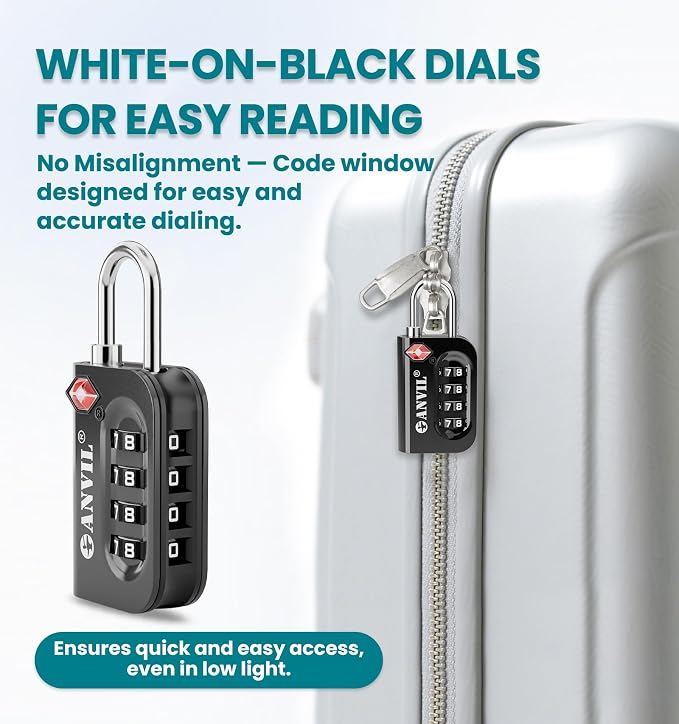 ANVIL TSA Approved Luggage Lock - 4 Digit Combination, 10,000 Combinations, Easy-Read Password Window, Travel Lock for Suitcases, Backpacks, Gym & Student Lockers, Baggage - Image 7