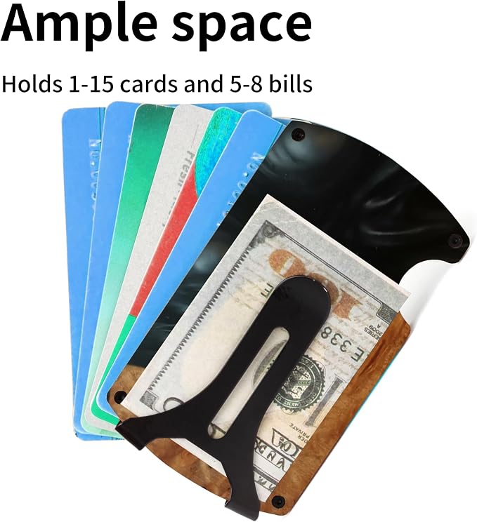 Minimalist Wallet for Men, Slim Metal RFID Blocking Wallet Credit Card Holder Money Clip & Cash Strap, Scratch-Resistant Holds 15 Cards,Ideal Gift for Men | Resin Wood, Unique Pattern,Black - Image 3