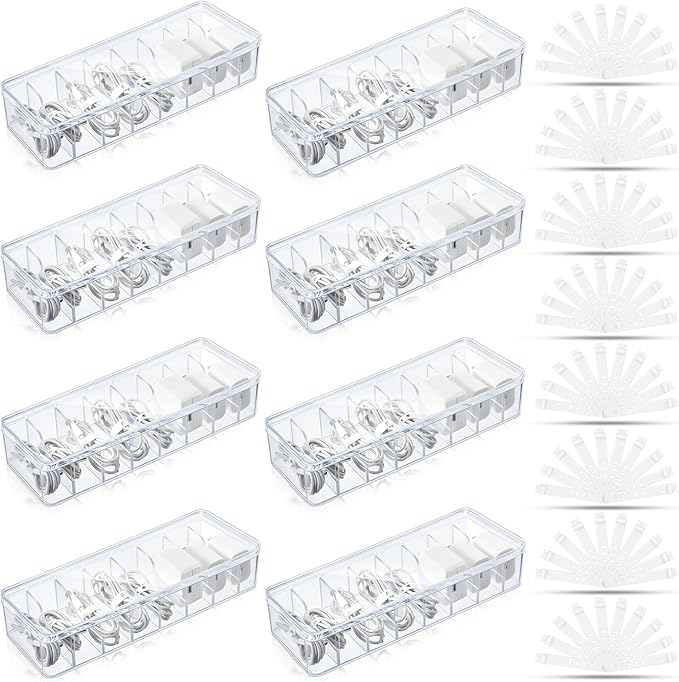 Tatuo 8 Pcs Cord Organizer for Drawer Desktop, Cable Organizer Box with 8 Compartments and Wire Ties, Plastic Charger Storage with Lid, Electronics Case for Home Office Accessories (Small,Clear) by Tatuo