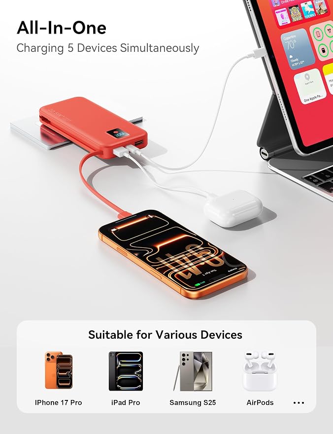 Portable Charger 12000mAh 22.5W w/Built-in Cable & Wall Plug Red | 22.5W fast charging, LED display, Charging 5 devices at once, Pass through charging, TSA approved, Compatible with iPhone - Image 7