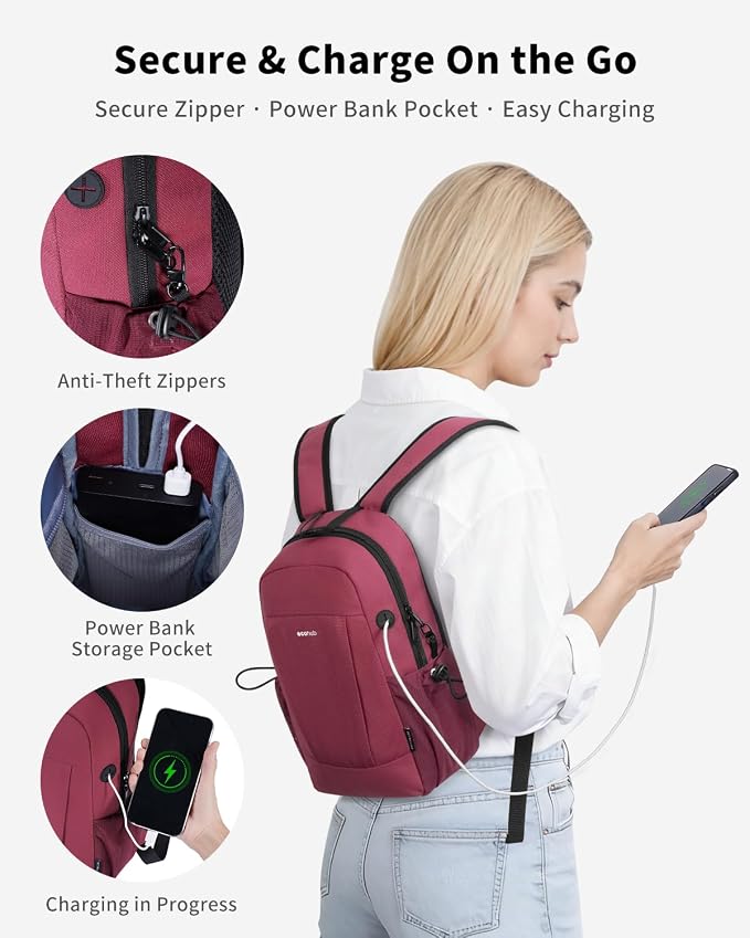 ECOHUB Mini Anti-Theft RFID Backpack for Women and Men, Water-Resistant, Lightweight Travel Daypack with iPad Sleeve, Key Holder, 9 Pockets, Gifting, Red | 10L RFID Blocking Backpack for Men Lightweight&Small Daypack with 9 Pockets,Water Resistant - Image 5