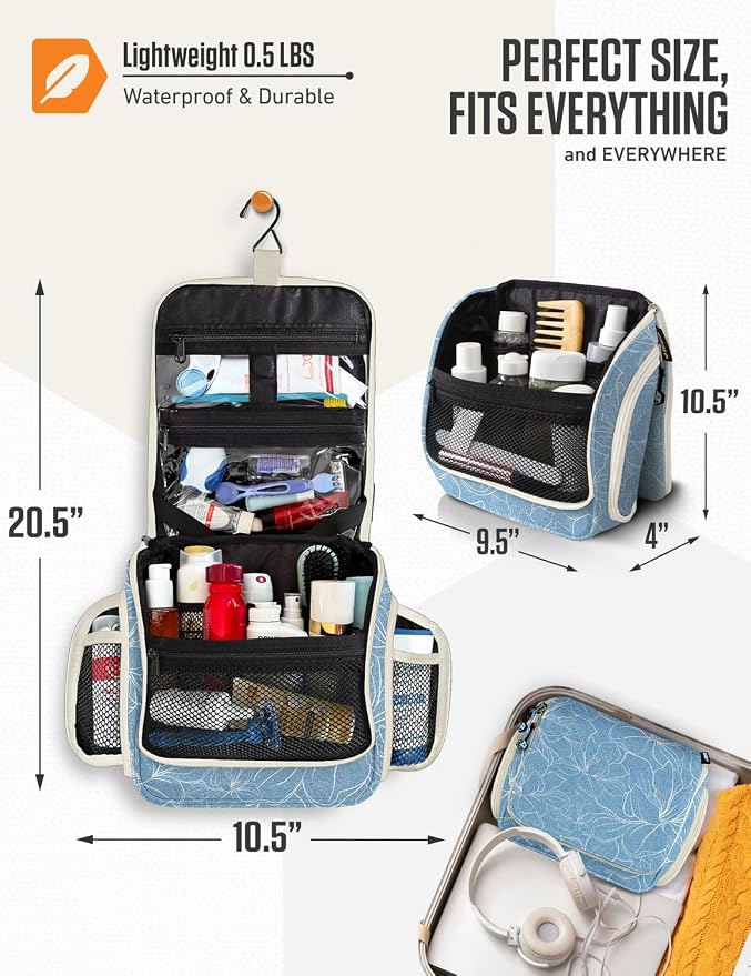 VENTURE 4TH Hanging Travel Toiletry Bag, 17 Compartments - Blue Flowers | Hangs on rails, hooks or doors; stands upright too. Removable TSA pouch. Water-resistant 900D Nylon, reinforced stitching. - Image 2