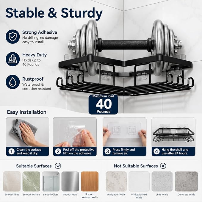 3-Tier Corner Shower Caddy, No-Drill Adhesive Bathroom Shelf Organizer with Hooks, Rustproof Metal Wall Mount Storage Rack for Shampoo, conditioner, soap & Toiletries, Black - Image 4
