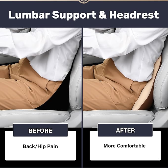 Coverado Lumbar Support and Headrest Pillow for Car, Memory Foam Ergonomic Head Neck Support Pillow for Driving Seat, Back Support and Pain Relief, Seat Cushion for Car, Driver, Office - Image 4