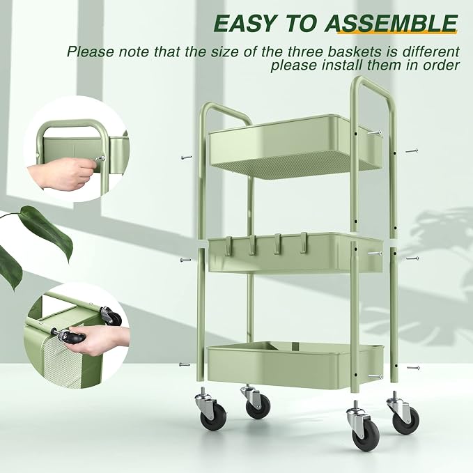 LEHOM 3 Tier Rolling Cart, Metal Rolling Utility Cart with Lockable Wheels | Multi-Functional Heavy Duty Storage Cart Organizer for Bathroom, Kitchen, Office, Living Room, Rolling Storage Trolley - Image 7