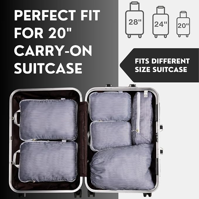 Compression Packing Cubes for Travel 6PC Set - Suitcase Organizer & Space Saver Bags for Carry On Luggage with Drawstring Backpack Grey Stripe - Image 2