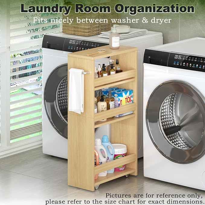 MARTY Slim Rolling Storage Cart, Wood Utility Kitchen Bathroom Laundry Cart | 4 Tier Kitchen Cart with Wheels Handle, Laundry Room Organization Between Washer and Dryer, Narrow Storage Cabinet, 8” Wide - Image 4