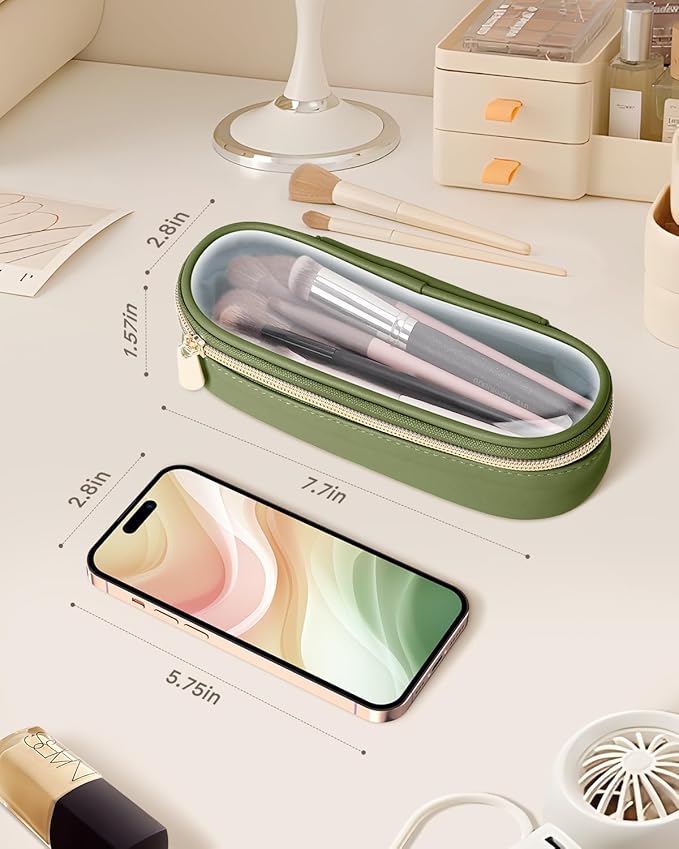 Soimeat Clear Travel Makeup Brush Holder, Leather Makeup Brush Toiletry Bag, Portable Cosmetic Brush Case, Transparent Waterproof Makeup Brush Storage Bag, Green - Image 3