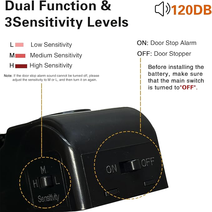 HNHMT 2 Pack Portable Door Stop Alarm, Door Stopper with 120db Loud Security Alarm, Travel Door, Doorstops Wedge Sensors Security Devices for Traveling Apartment Hotel and Home (Black) - Image 5