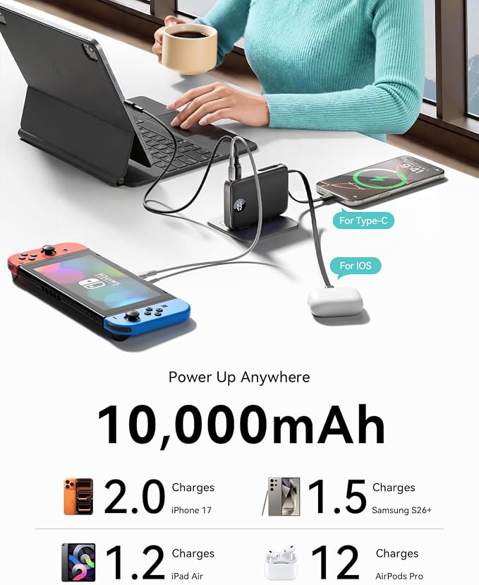 Portable Charger Power Bank 10000mAh, 45% Smaller Built-in Cables & AC Plug | Built-in Cables & AC Plug, 22.5W Fast Charging, 4-Device Charging, Travel Essential, for iPhone, iPad & Samsung Galaxy, Black - Image 5