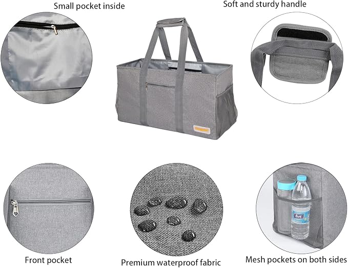 Extra Large Utility Tote Bag - Reusable Grocery Bags Foldable Heavy Duty | Large Shopping Tote 4 Pockets & Reinforced Handles, Water-Resistant Collapsible Tote for Beach, Picnic, Car Storage - Image 6