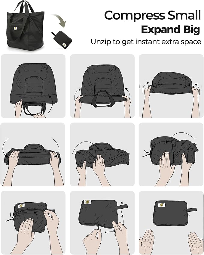 Foldable Travel Bag, 26L Duffle Bag for Travel, Expandable Second Carry-On Bag for Travel & Shopping, Water-Resistant Personal Item Bag, Black - Image 5