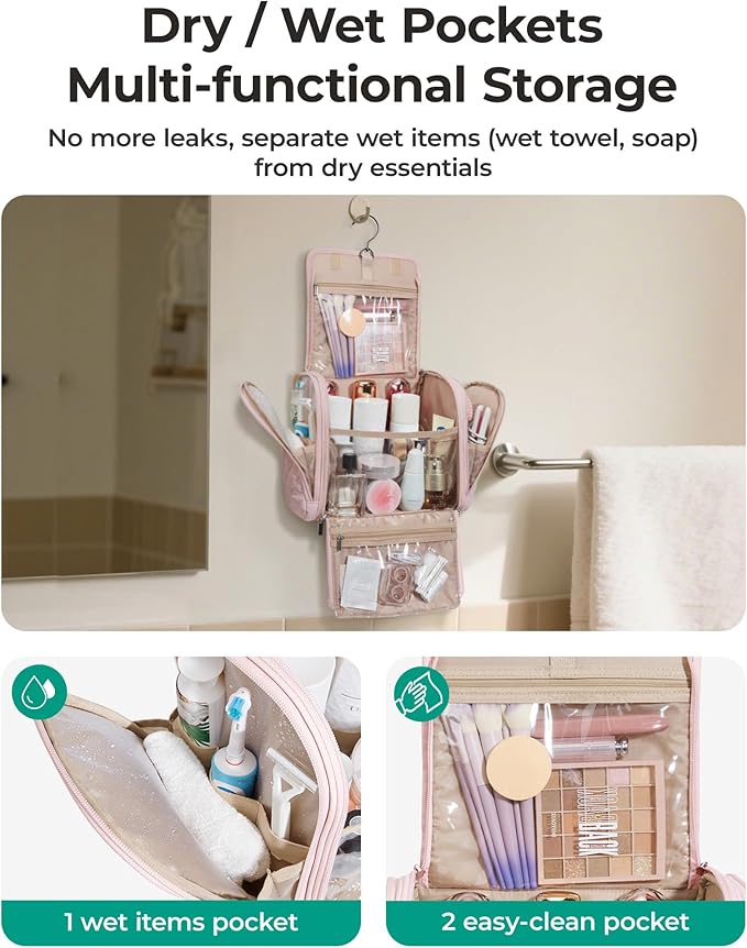 BAGSMART Travel Toiletry Bag, Large Capacity Cosmetic Bags for Women with Hanging Hook, Water-resistant for Toiletries Accessories Brushes Sponge, With Handle - Image 3
