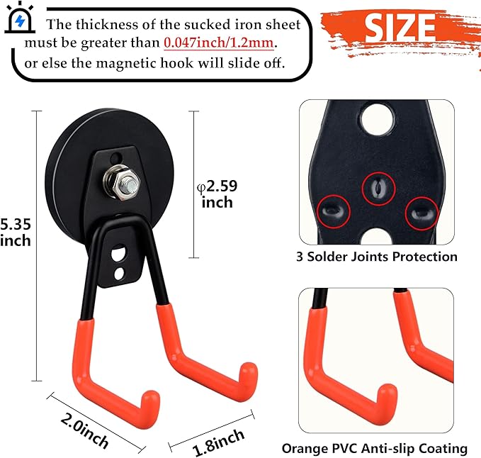 ULIBERMAGNET Heavy Duty Magnetic Garage Hook,10 Pack Strong Large Magnet Hooks for Power Drill,Garden Tools,Hose,Pegboard,Garage, Workshop,Magnetic Storage Hooks for Indoor Outdoor Hanging(Orange) - Image 2