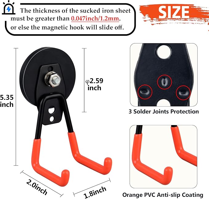 ULIBERMAGNET Heavy Duty Magnetic Garage Hooks,4 Pack Strong Large Magnet Hooks for Power Drill,Garden Tools,Hose,Pegboard,Garage, Workshop,Magnetic Storage Hooks for Indoor Outdoor Hanging(Orange) - Image 2
