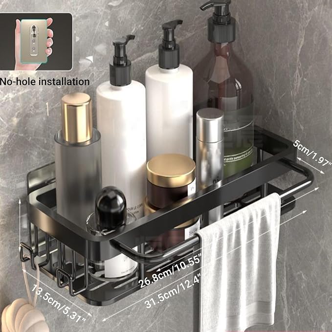 Shower Organizer and Storage: Aluminum Shower Caddy Adhesive Bathroom Shelves No Drill Wall Mount Bathroom Rack with Hooks and Towels Rod for Inside Shower (2 Pack) - Image 2