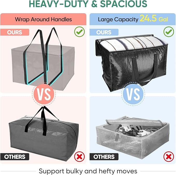 BALEINE 2-Pack Oversized Moving Bags with Reinforced Handles, Heavy-Duty Storage Tote for Clothes, Moving Supplies (Black, 2-Pack) - Image 4