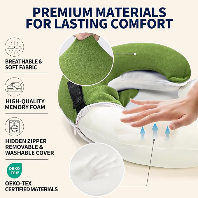 Travel Neck Pillows for Airplanes, Memory Foam 360° Head Support Sleep for Long Flight, Skin-Friendly & Breathable, Kit with Eye Mask, Earplugs and Storage Bag (Adult, Green, 90+ lbs) - Image 4