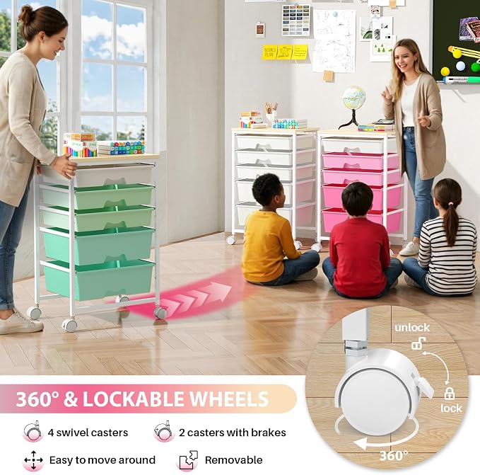 Goovilla Rolling Cart with 5 Drawers for Craft, Art, Dorm, Office, Pink | Utility Cart Organizer With 5 Removable Drawers and Wooden Tabletop, Lockable Rolling Storage Organizer for Classroom, Home - Image 5