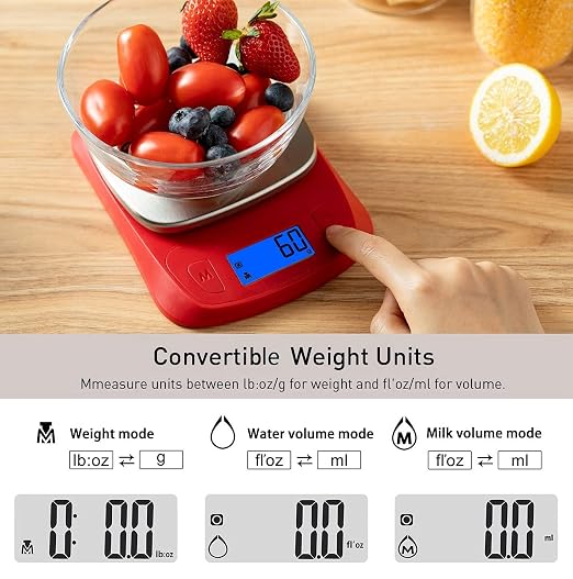 Ultra Slim Food Scale Digital Kitchen Scales Weight Grams Oz Red | Stainless Steel Panel, 1g Increment, Max 11lbs, Backlit Screen, High Precision, Coffee Making, Meal Prep, Include Batteries - Image 3