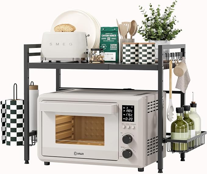2 Tier Expandable Microwave Stand countertop,Microwave Oven Rack | microwave shelf, storage shelf for pans &appliances,with Paper Towel Holder and Baskets，8 Hooks,55lbs max load,Black by NETELOfficial