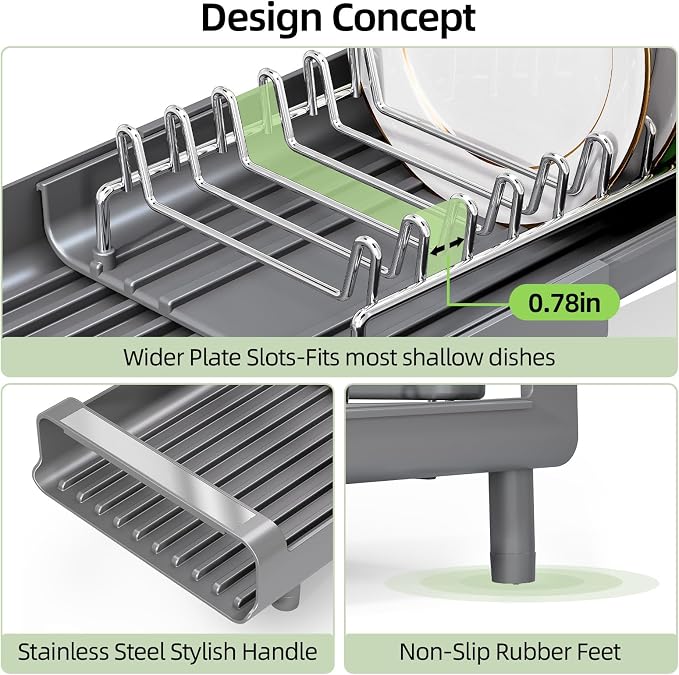 TOOLF Small Dish Drying Rack, Expandable and Space-Saving, Gray | Mini Dish racks for kitchen counter, Compact Design Fits Sink or Counter, Stainless Steel Plate Rack, 11"-19.3"L×7.7"W×3.54"H - Image 4