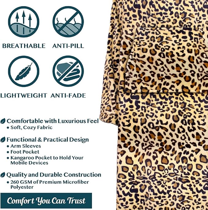 PAVILIA Fleece Blanket with Sleeves, Foot Pockets for Women Men Adults, Plush Wearable Blanket Throw Wrap, Warm Snuggle Blanket Robe, Cozy Gift Ideas Wife Mom, Cheetah Print - Image 4