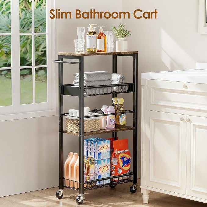 Slim Rolling Storage Cart, 4 Tier Narrow Storage Cart, 9.1in(W) | Metal Kitchen Rolling Cart for Small Spaces, Narrow Shelf for Kitchen, Laundry Room, Bathroom, Living Room - Image 4