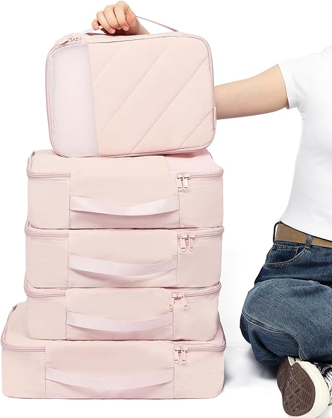NISHEL 6 Set Packing Cubes for Travel | Luggage Organizer Bags with Shoe Bag, Lightweight, Durable Space Saver Bags Travel Essentials, Pink - Image 2