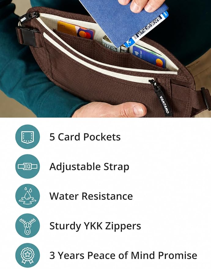 Vantamo Money Belt with RFID For Men & Women, Hidden Passport Holder for Travel, 2 Compartment Travel Fanny Pack for Women Anti Theft - Image 5
