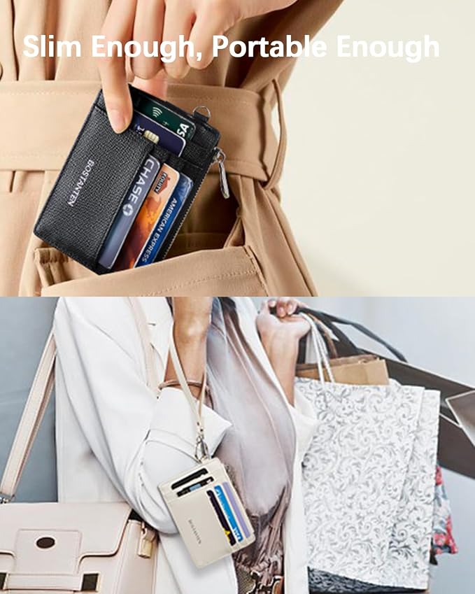 BOSTANTEN Credit Card Holder RFID Small Wallet for Women with Keychain | Slim, Wristlet, Zipper Coin Pocket, Pocket-Friendly, Vegan Leather, Minimalist, Gifts, Cherry - Image 6