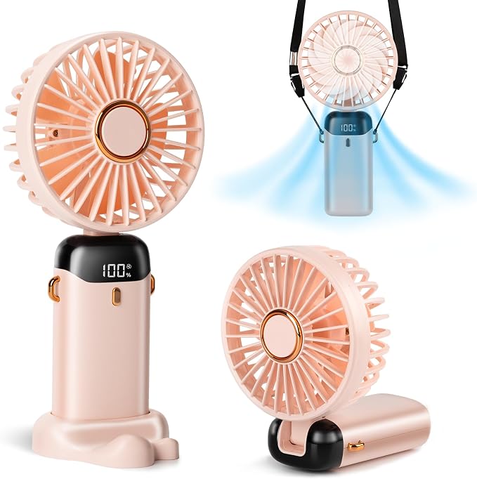 Portable Handheld Fan, 12 hours, Upgrade 3200mAh Portable Fan with LED Display, 90° Foldable, 5 Speed Wind,Hand Held/Neck/Desk 3 in 1 Personal Small Fans, Makeup Fans for Women (Pink) by Unknown