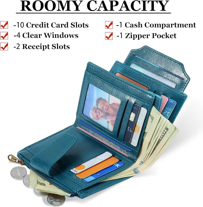 Small Wallet Women RFID Blocking Soft Leather Bifold Compact Card Holder Wallet for Women with Zipper Coin Pocket 4 ID Window - Image 2