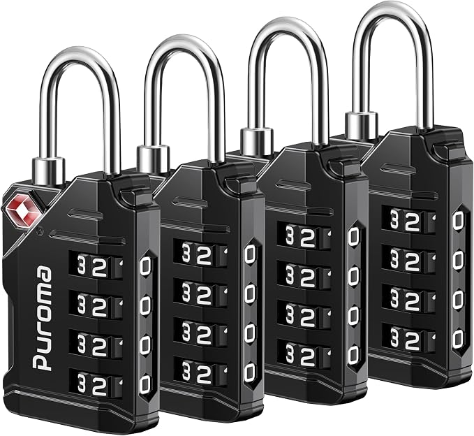 Puroma TSA Approved Travel Luggage Locks, 4 Pack Black 4 Digit Resettable Combination Code Lock with Zinc Alloy Body for Suitcase, Backpack, Laptop Bag, Gym Locker, Toolbox by Puroma