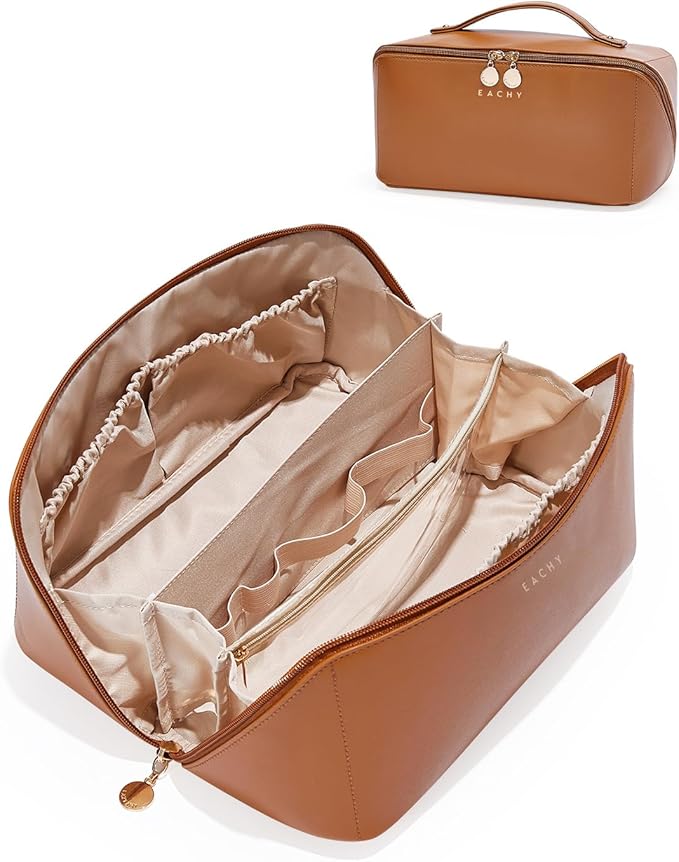 EACHY Travel Makeup Bag for Women, PU Leather Cosmetic Bag, Brown, Large | Water-resistant PU leather exterior with flat-open access, clear TPU brush compartment and organized storage for cosmetics by EACHY