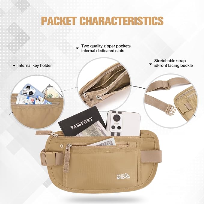 Small Unisex Money Belt For Men and Women, Slim Passport Holder RFID Blocking Travel Essentials Pouch with Adjustable Strap Small Waist Pouch for Workout Running Travelling Hiking, Beige & 8 Sleeves - Image 4