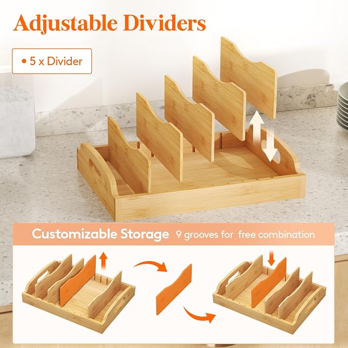 Lifewit Bamboo Lid Organizers for Inside Cabinet with 6 Sections | Food Container Lid Holder with 5 adjustable Inserts, Kitchen Pantry organizer and storage, Large, 13.2" x 10", Natural - Image 3