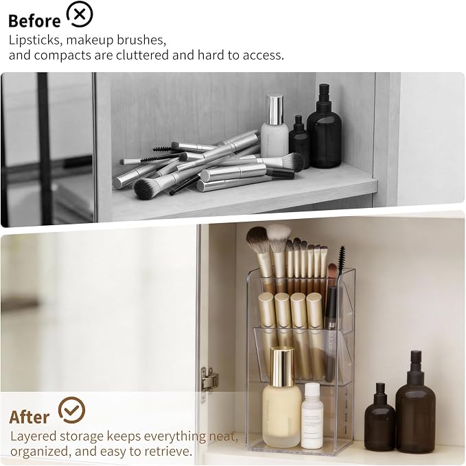 PAVSTINE Medicine Cabinet Organizer with Adjustable Dividers, Clear Open Storage Compartment, Space-Saving Makeup Brush Holder for Bathroom, Wall Cabinet, Vanity Countertop (2-Tier Full Slant) - Image 5