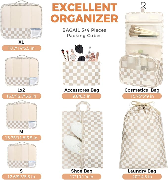 BAGAIL 9 Set Packing Cubes with Packing List Luggage Packing Organizers for Travel Accessories (Khaki checkered) - Image 5