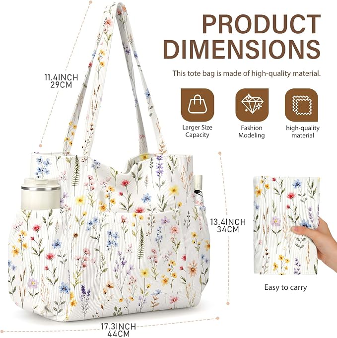 Corduroy Tote Bag for Women,Large Capacity Cute Tote Bags With 6 Pockets,Crossbody Shoulder Handbag for Work Travel Gym - Image 5