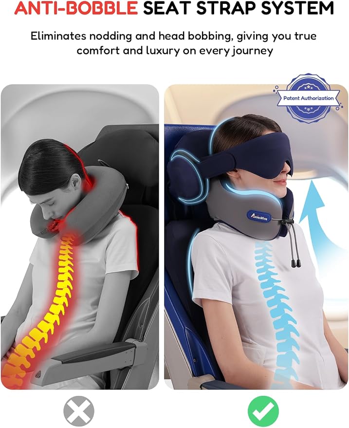 Travel Neck Pillow for Airplane,Memory Foam,3D Eye Mask | 360 Ergonomic Pillow Head Neck Chin Sleep Support Essentials for Traveling/Long-haul Light/Car/Train/Office/Home Grey - Image 2
