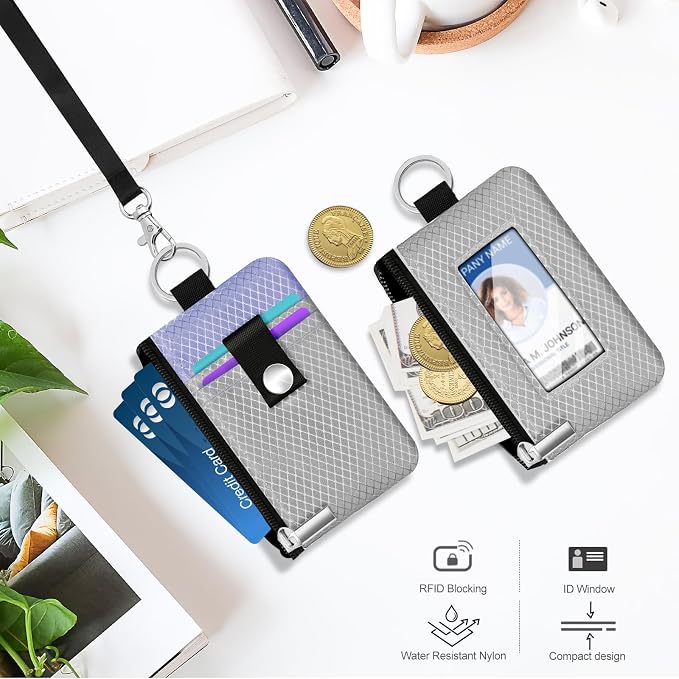 Minimalist RFID Blocking Small Wallet with ID Window,WaterResistant Zip Id Case Wallet with Lanyard Keychain for Cards,Cash,Travel,Women,Men (Light Gray/Lavender Purple) - Image 8